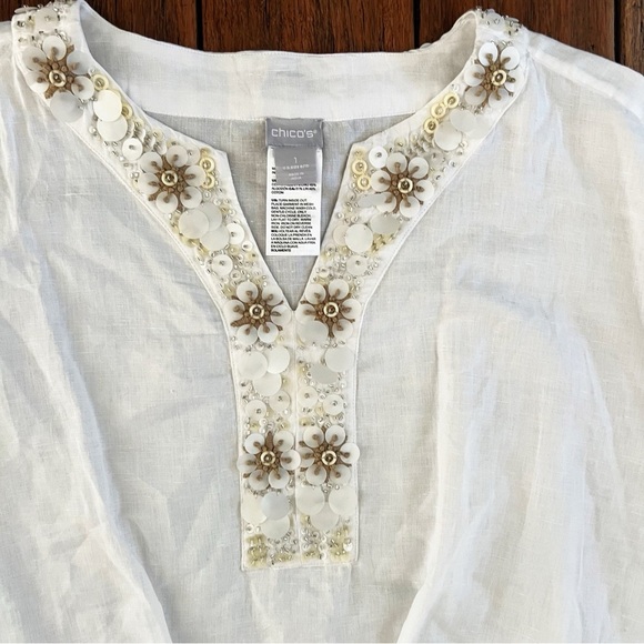 Chico’s Linen Cotton Beaded Tie Front Top Boxy Beachy Coastal 10 Lagenlook Chic - Picture 5 of 12